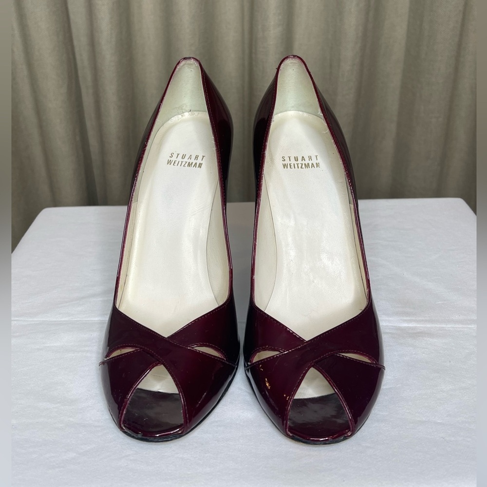 Stuart Weitzman Burgundy Red Patent Peep Toe Heel - Picture 4 of 13